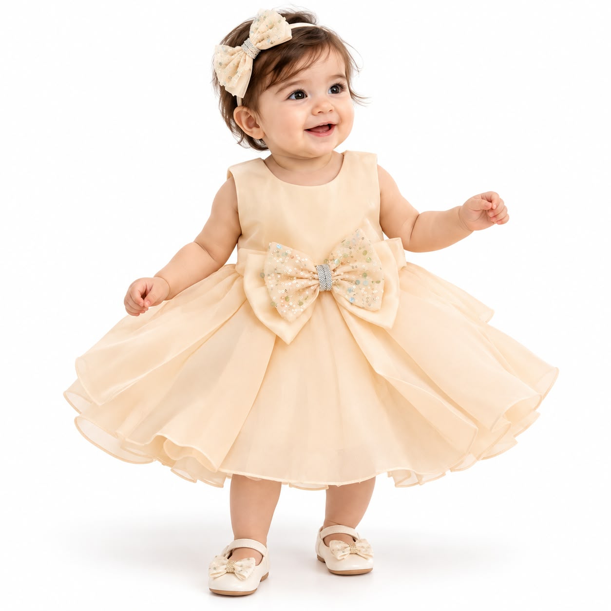 Baby Girls' Cream Organza Sequined Bow Party Frock with Matching Headband Set