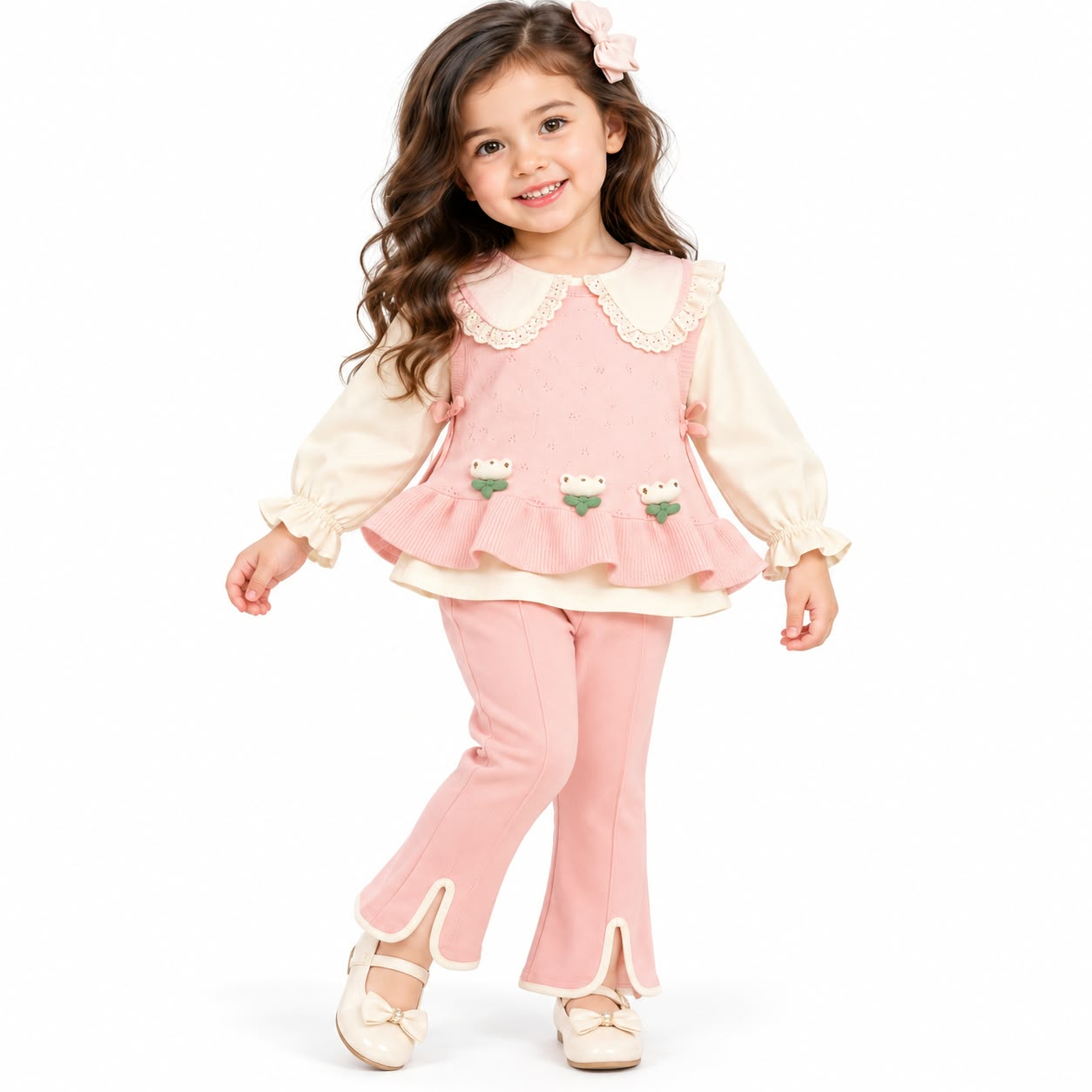 Girls' Soft Pink & Cream Collared Top, Knit Vest & Flared Trousers 3-Piece Outfit Set