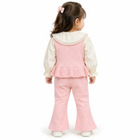 Girls' Soft Pink & Cream Collared Top, Knit Vest & Flared Trousers 3-Piece Outfit Set
