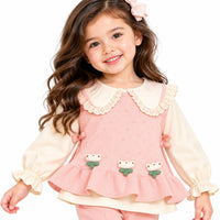 Girls' Soft Pink & Cream Collared Top, Knit Vest & Flared Trousers 3-Piece Outfit Set