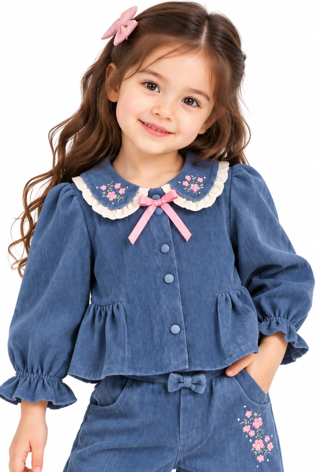 Girls' Dusty Blue Corduroy Embroidered Top & Wide-Leg Trousers Set