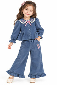 Girls' Dusty Blue Corduroy Embroidered Top & Wide-Leg Trousers Set