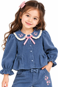 Girls' Dusty Blue Corduroy Embroidered Top & Wide-Leg Trousers Set