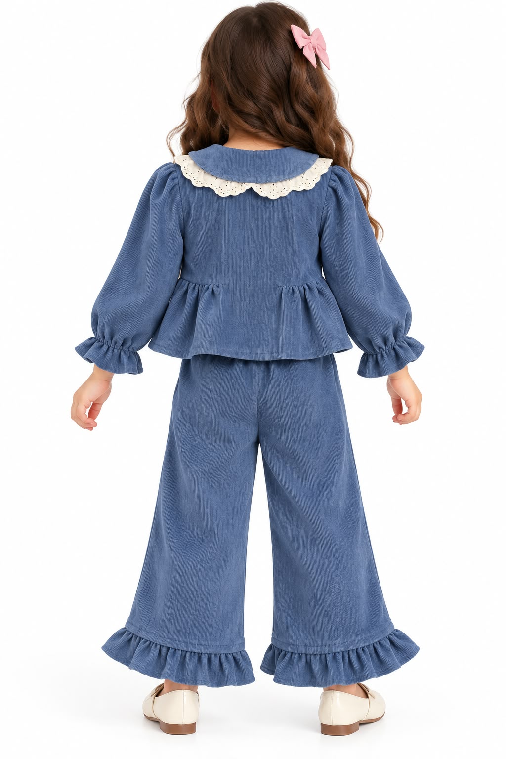 Girls' Dusty Blue Corduroy Embroidered Top & Wide-Leg Trousers Set