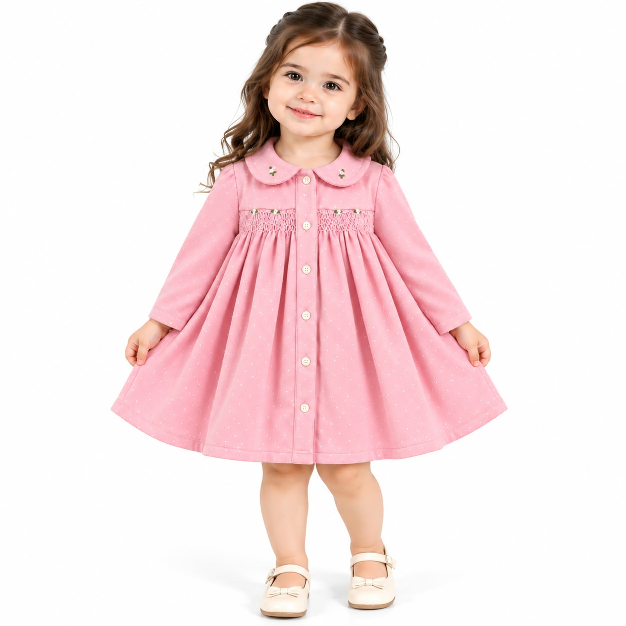 Girls' Pink Hand-Smocked & Embroidered Button-Down Dress