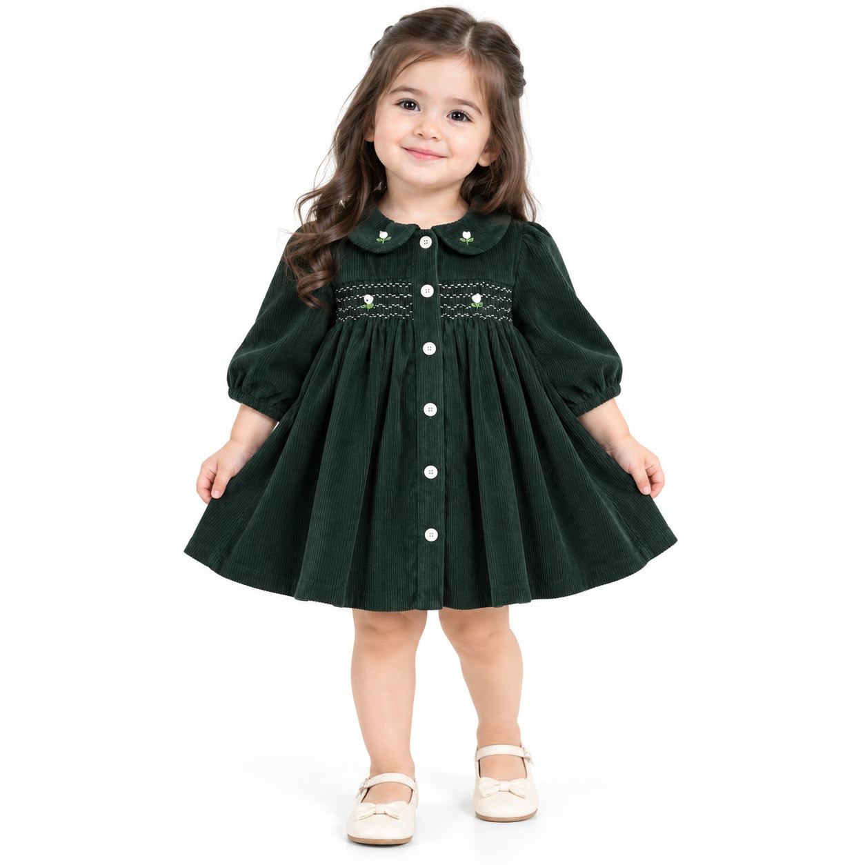 Charming Dark Green Corduroy Smocked Dress