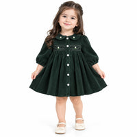 Charming Dark Green Corduroy Smocked Dress
