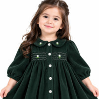 Charming Dark Green Corduroy Smocked Dress