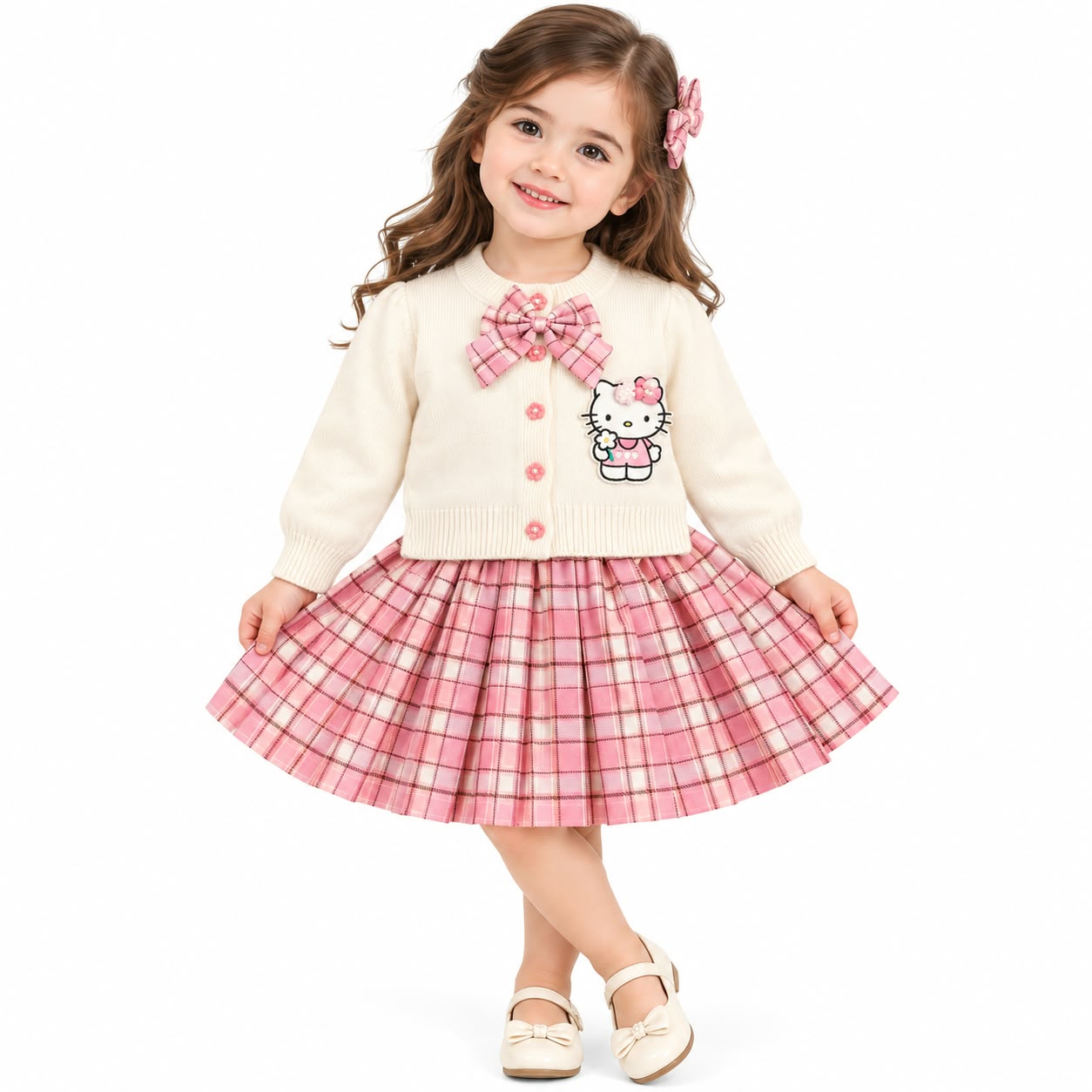 Girls' Off-White Knit Cardigan & Pink Plaid Pleated Skirt Set