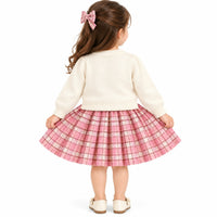 Girls' Off-White Knit Cardigan & Pink Plaid Pleated Skirt Set
