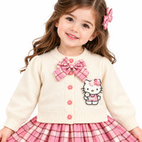 Girls' Off-White Knit Cardigan & Pink Plaid Pleated Skirt Set