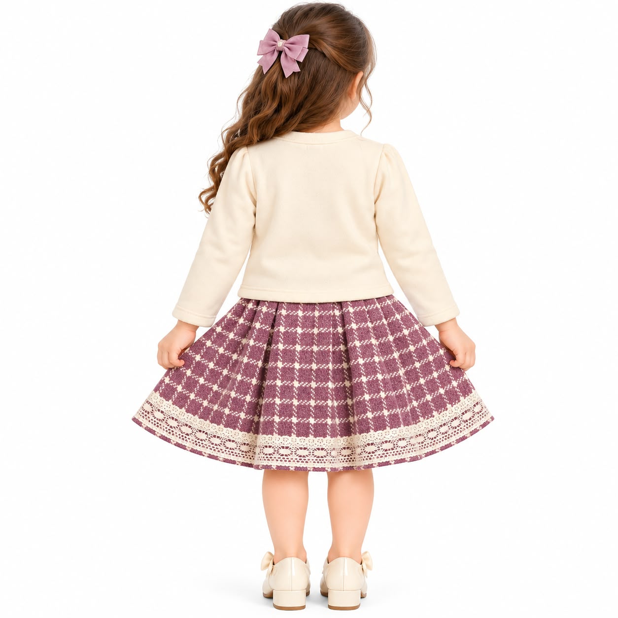 Girls' Cream Floral-Lace Top & Mauve Patterned Pleated Skirt Set
