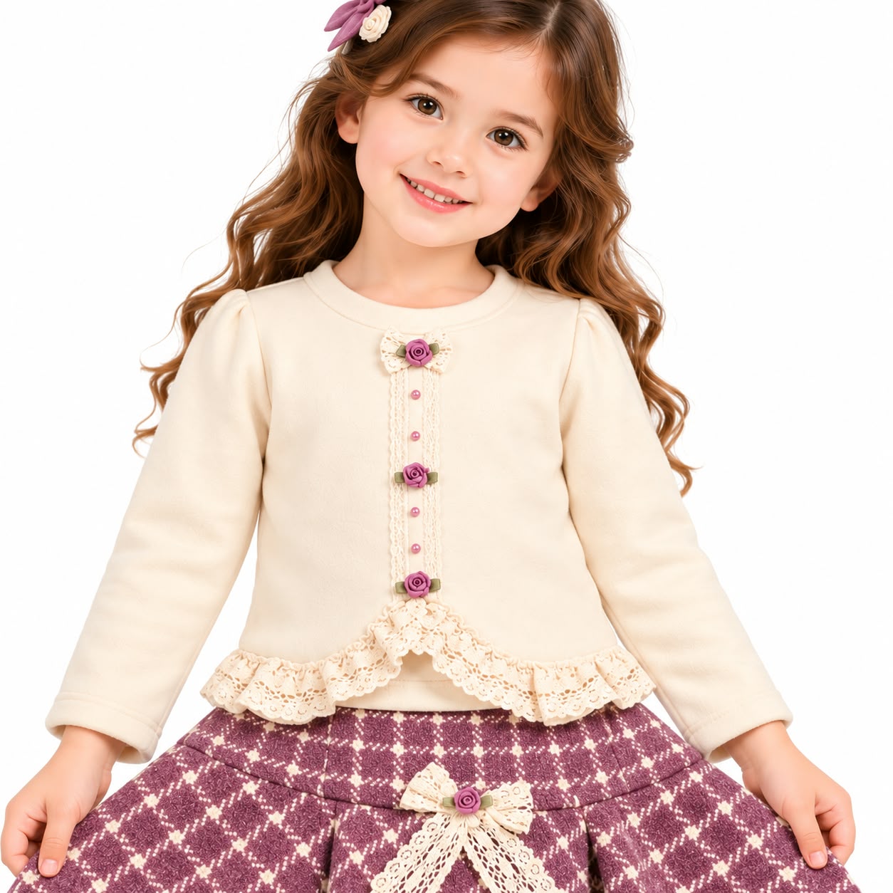 Girls' Cream Floral-Lace Top & Mauve Patterned Pleated Skirt Set
