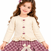 Girls' Cream Floral-Lace Top & Mauve Patterned Pleated Skirt Set