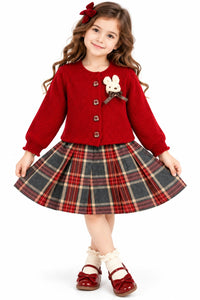 Girls' Red Ribbed Knit Cardigan & Tartan Plaid Pleated Skirt Set