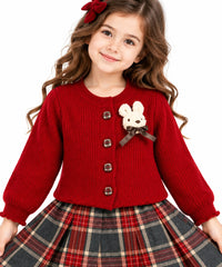 Girls' Red Ribbed Knit Cardigan & Tartan Plaid Pleated Skirt Set