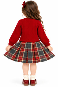 Girls' Red Ribbed Knit Cardigan & Tartan Plaid Pleated Skirt Set