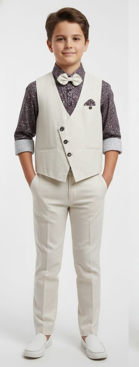 Patterned Button-Down shirt with Beige Waist Coat
