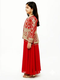 Red Bandhani Jacket, Crop Top, and Palazzo Set