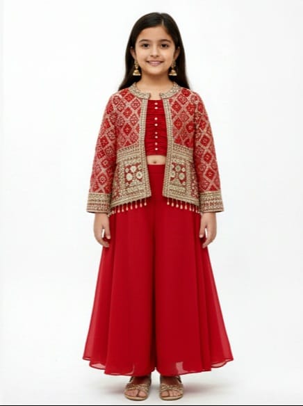 Red Bandhani Jacket, Crop Top, and Palazzo Set