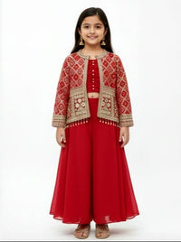 Red Bandhani Jacket, Crop Top, and Palazzo Set