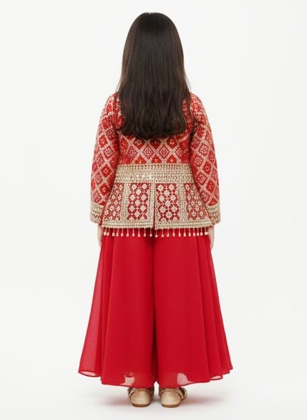 Red Bandhani Jacket, Crop Top, and Palazzo Set