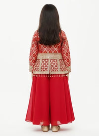 Red Bandhani Jacket, Crop Top, and Palazzo Set