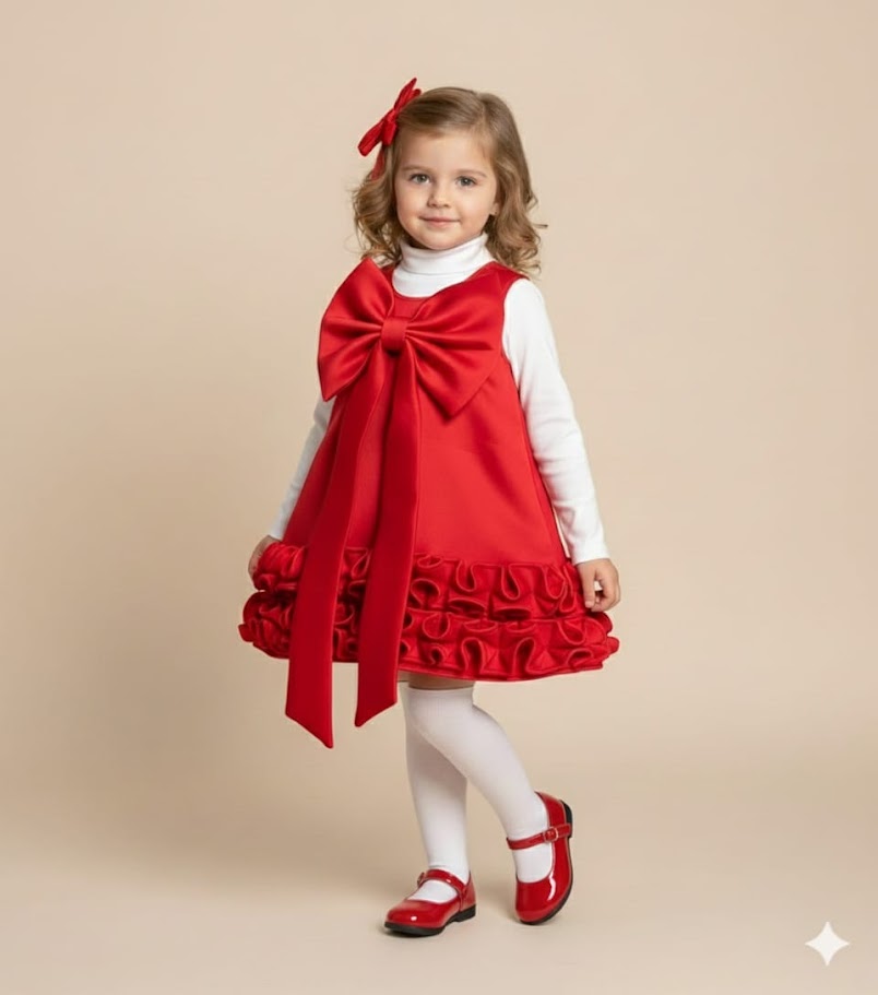 Red Satin Pinafore Dress with Giant Bow