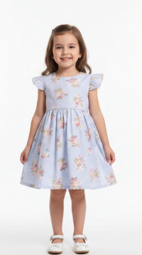 Girls' Vintage-Inspired Floral Print Cotton A-Line Dress with Flutter Sleeves-Blue
