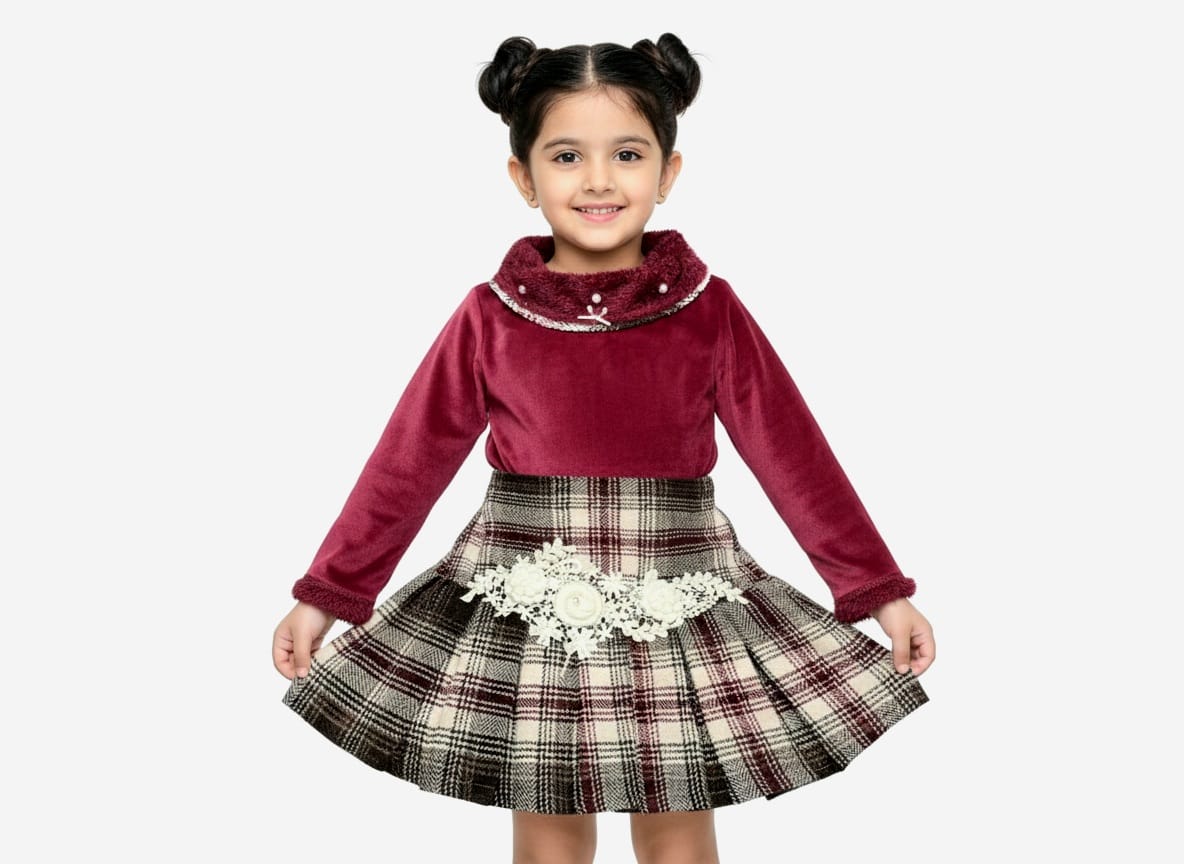 Skirt Set in Maroon & Check Skirt