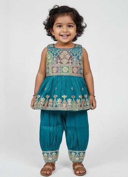 Teal Blue Embroidered Peplum Set