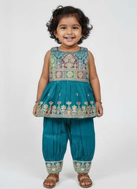 Teal Blue Embroidered Peplum Set