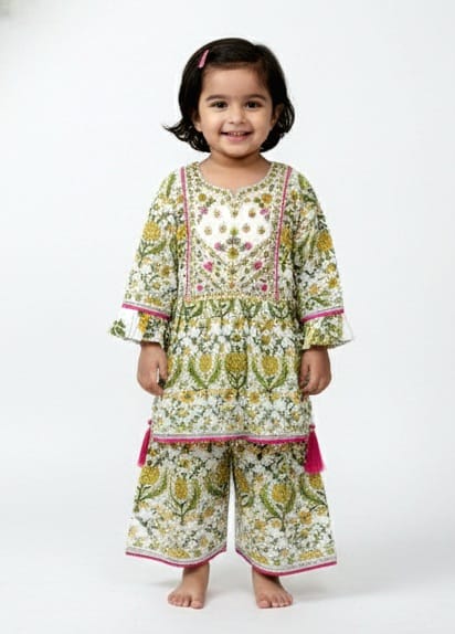 White n Green kurta palazzo set
