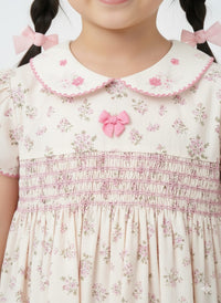 Girls' Cream & Pink Floral Puff Sleeve Dress