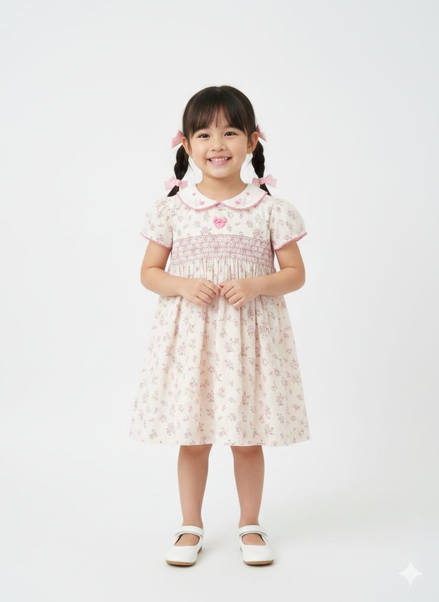 Girls' Cream & Pink Floral Puff Sleeve Dress