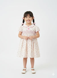 Girls' Cream & Pink Floral Puff Sleeve Dress