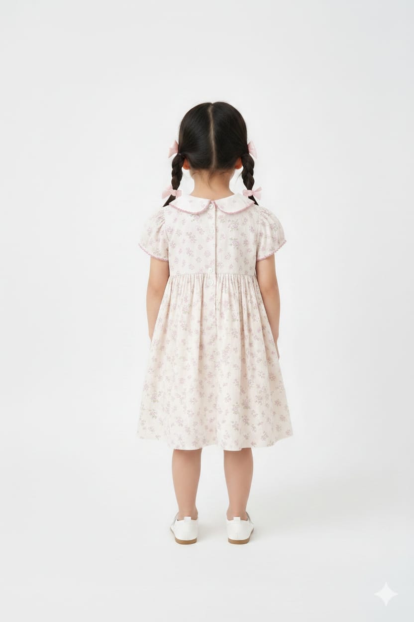Girls' Cream & Pink Floral Puff Sleeve Dress