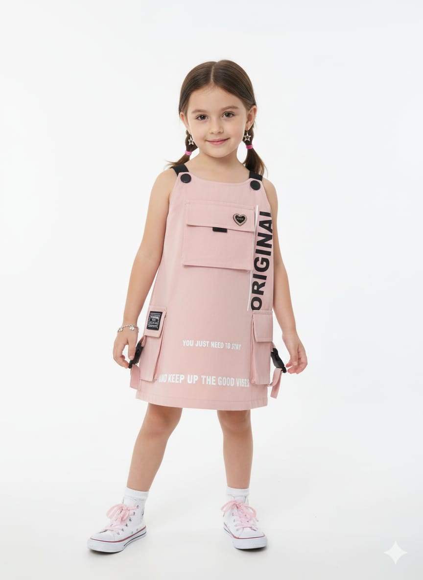 Girls' Pink Utility Pinafore Dress with Cargo Pockets