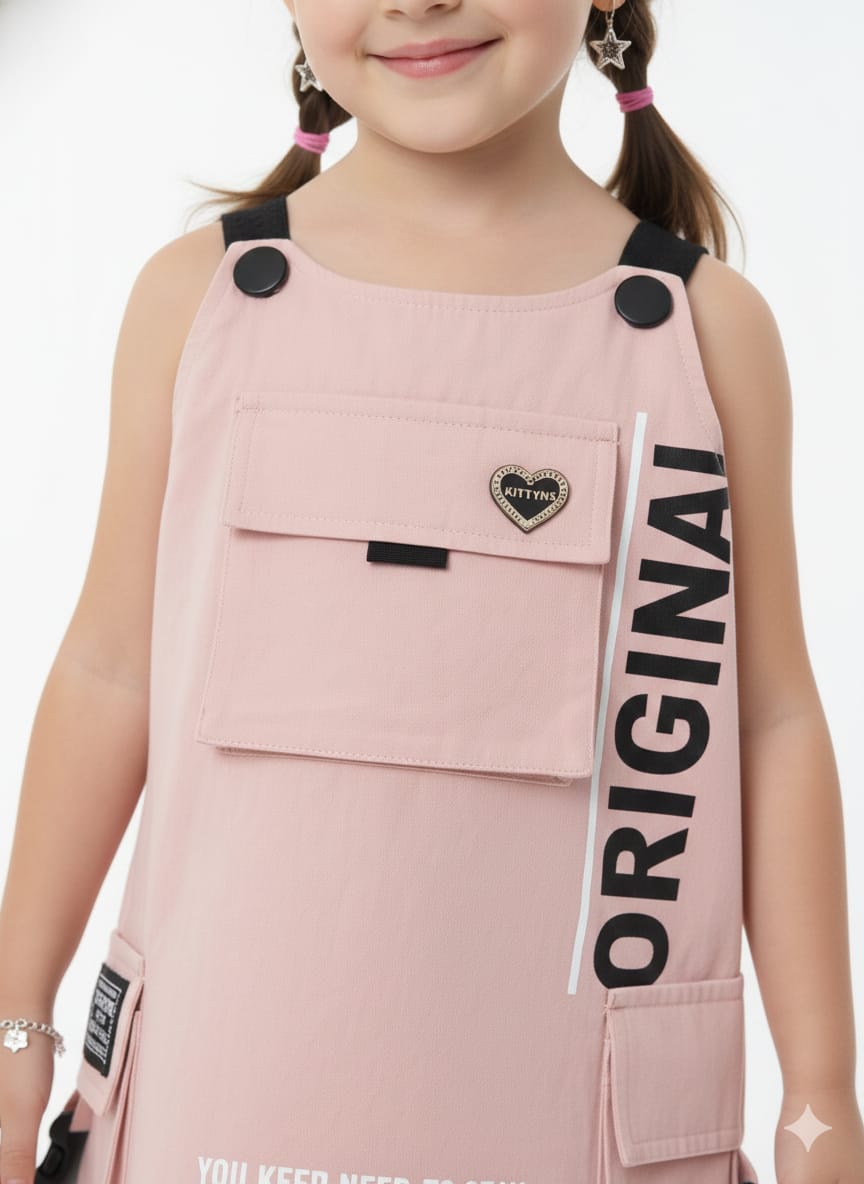 Girls' Pink Utility Pinafore Dress with Cargo Pockets