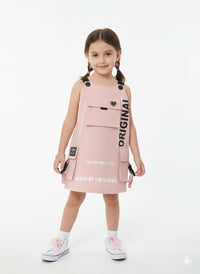 Girls' Pink Utility Pinafore Dress with Cargo Pockets