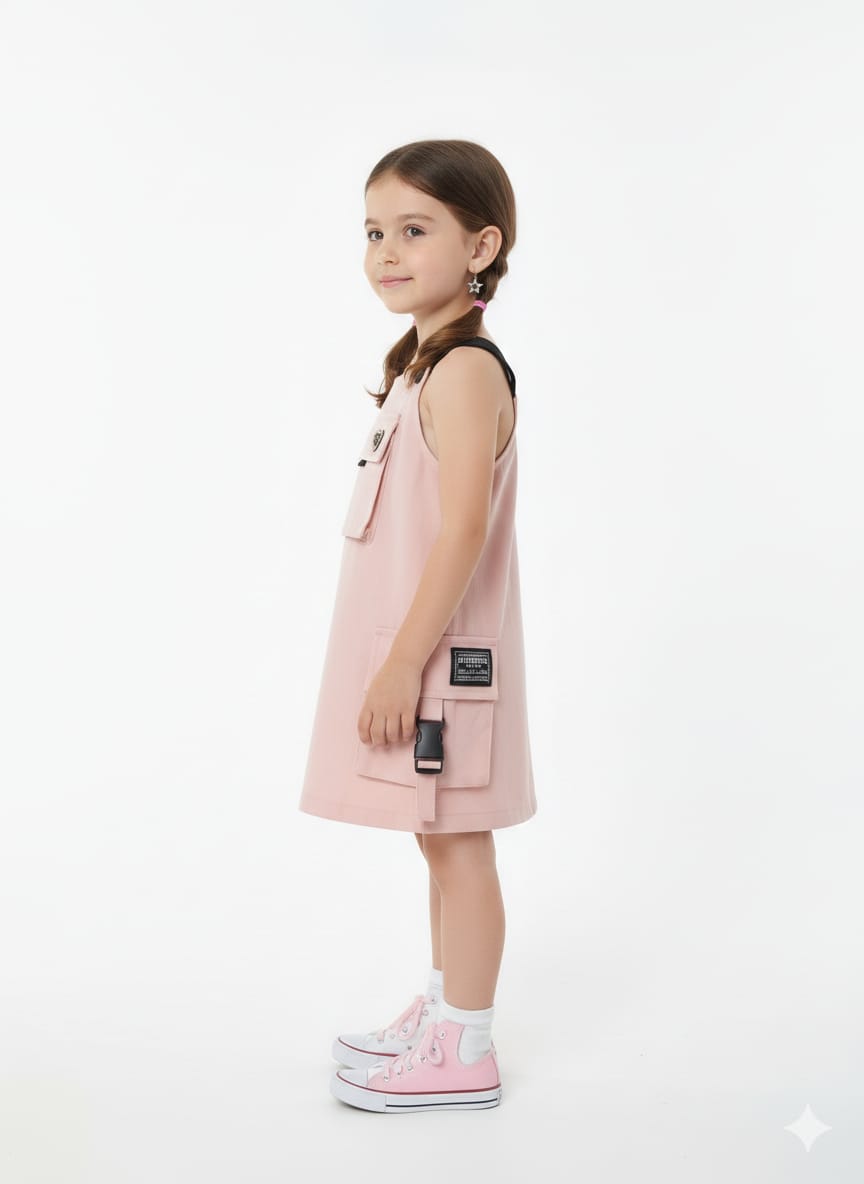 Girls' Pink Utility Pinafore Dress with Cargo Pockets