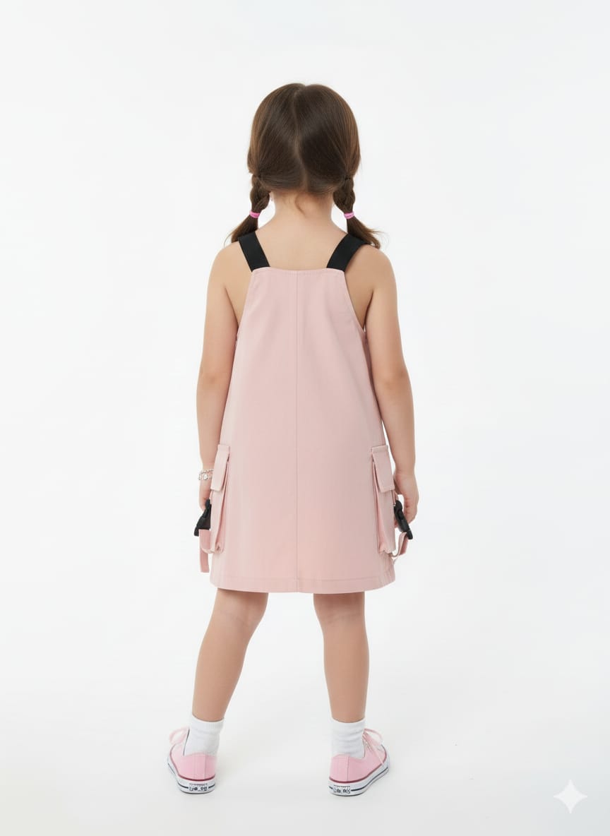 Girls' Pink Utility Pinafore Dress with Cargo Pockets