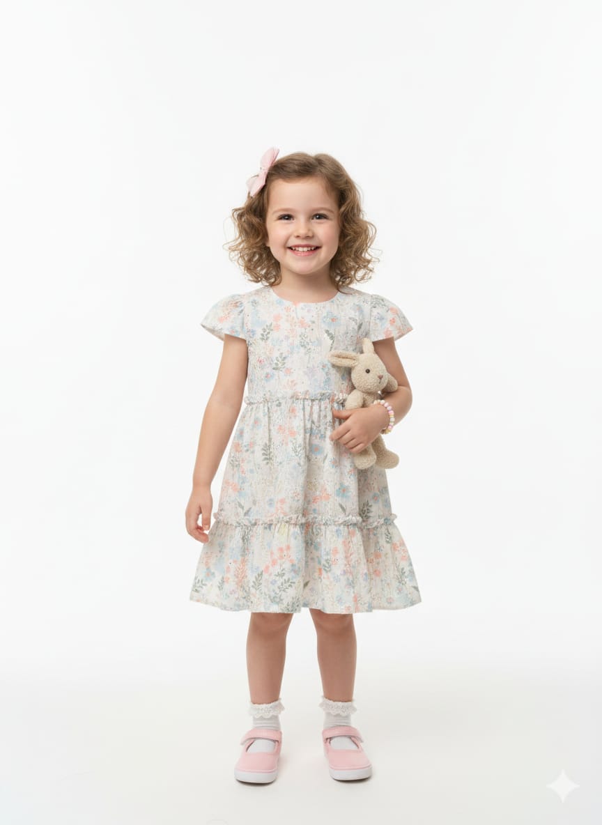 Tiered Cotton Summer Party Dress in Pastel Blue & Peach