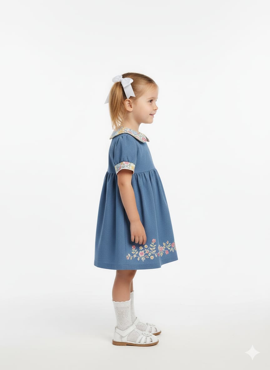 Girls' Blue Chambray Dress with Floral Peter Pan Collar and Embroidery