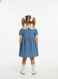 Girls' Blue Chambray Dress with Floral Peter Pan Collar and Embroidery