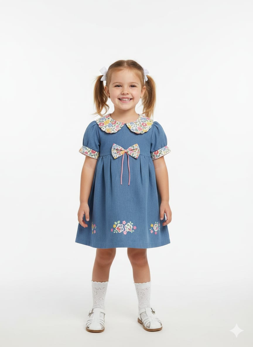 Girls' Blue Chambray Dress with Floral Peter Pan Collar and Embroidery