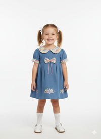 Girls' Blue Chambray Dress with Floral Peter Pan Collar and Embroidery