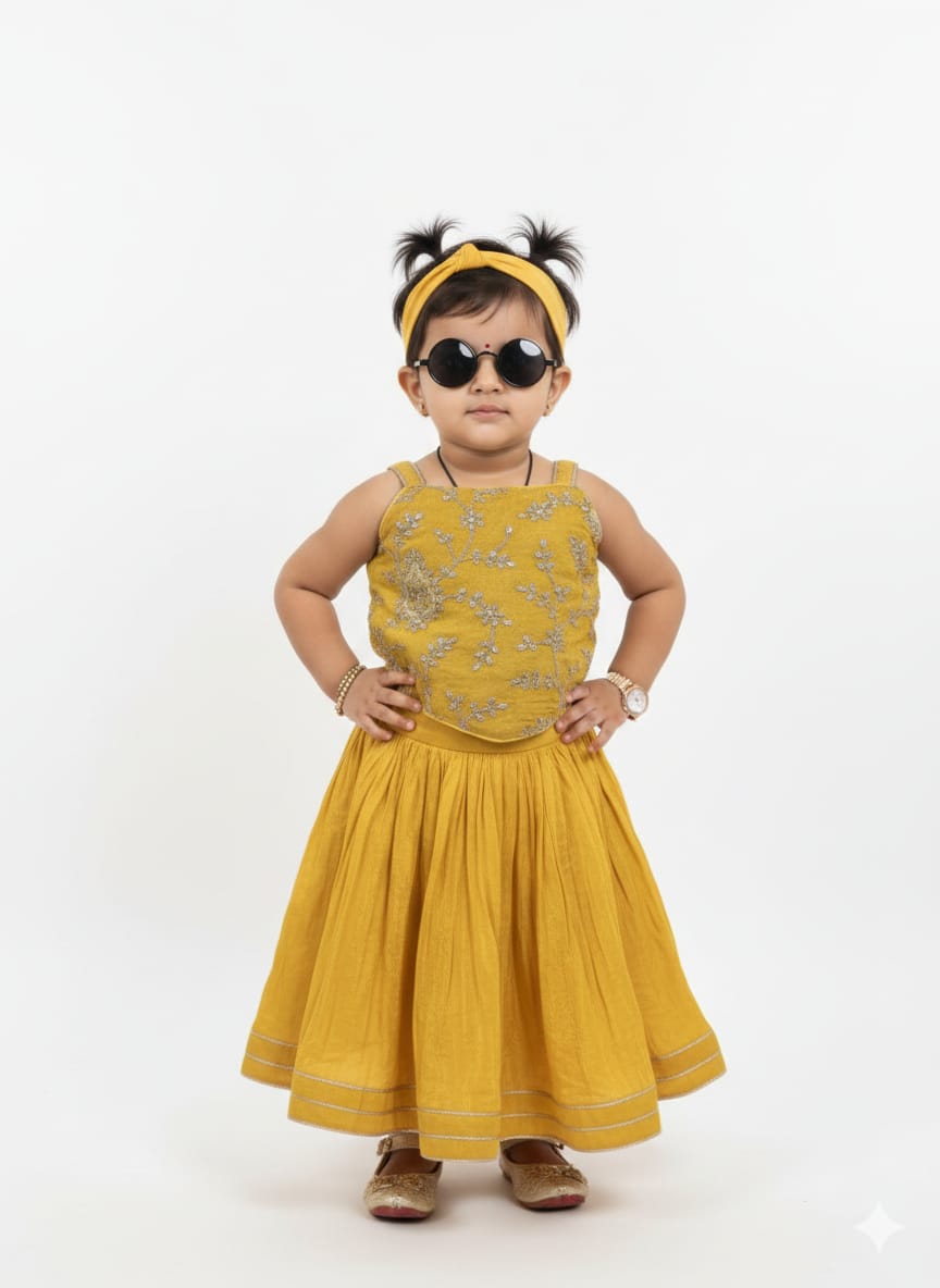 Girls' Mustard Yellow Embroidered Lehenga Choli Set