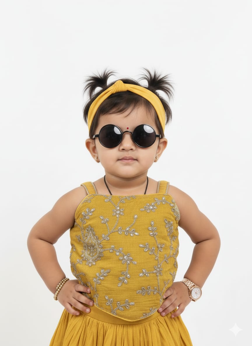 Girls' Mustard Yellow Embroidered Lehenga Choli Set