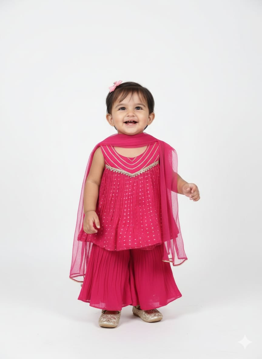 Girls’ Fuchsia Pink Pleated Sharara Set with Gold Gota Work